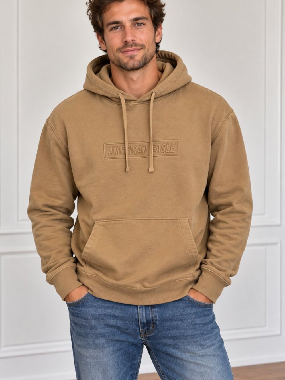 American Eagle Outfitters Beige/Tan Embroidered Pullover Hoodie